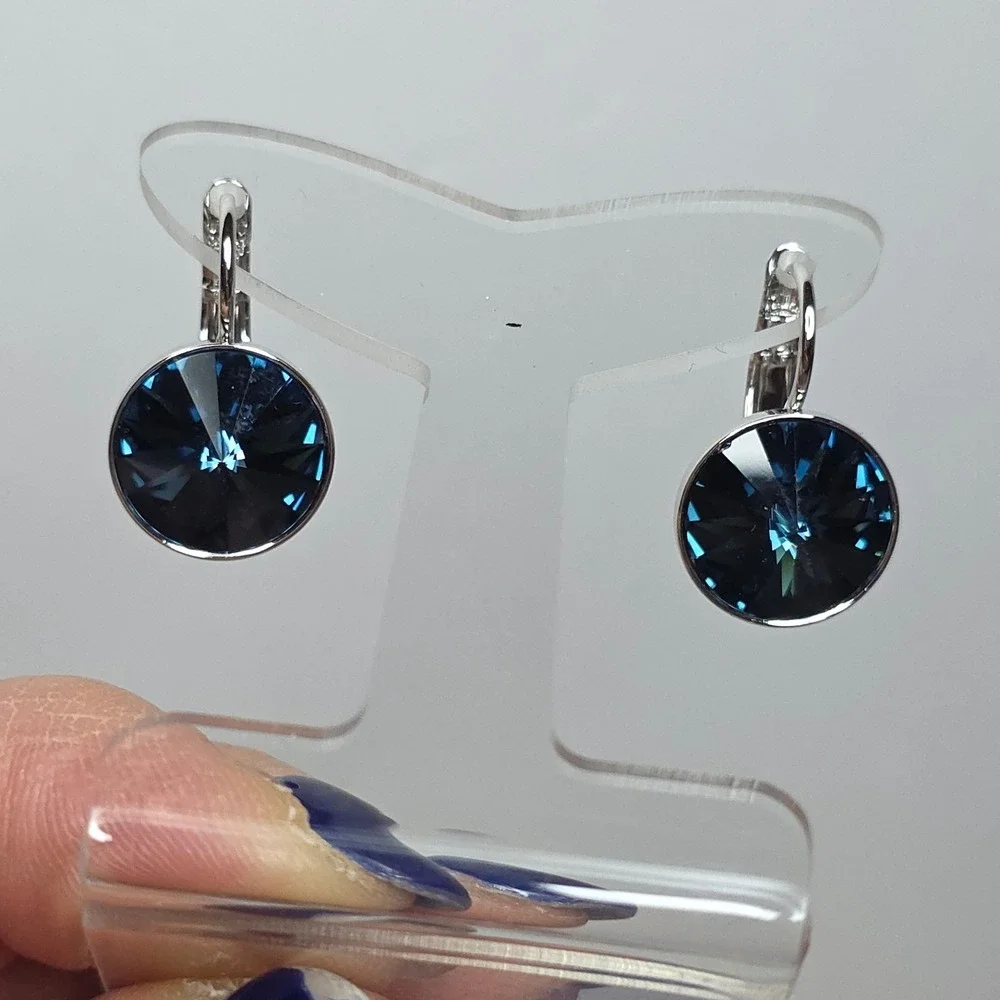 NEW Swarovski Montana BlueRound 13mm Leverback Drop Earrings Platinum Plated #3